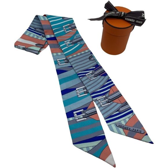 Authentic HERMES Twilly Buckle Design Scarf Blue Silk - Picture 11 of 16
